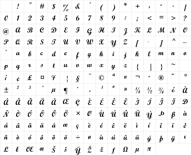 Script MT Std Bold Character Map