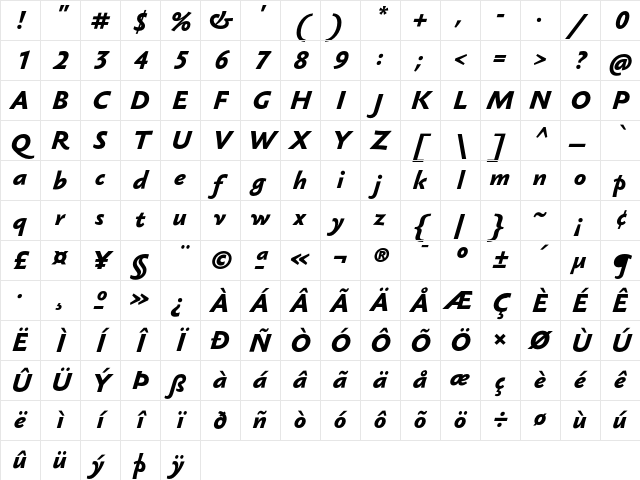 Sebastian Medium Pro Bold Italic Character Map