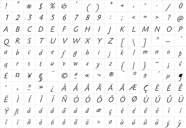 Sebastian Light UCF Light Italic Character Map