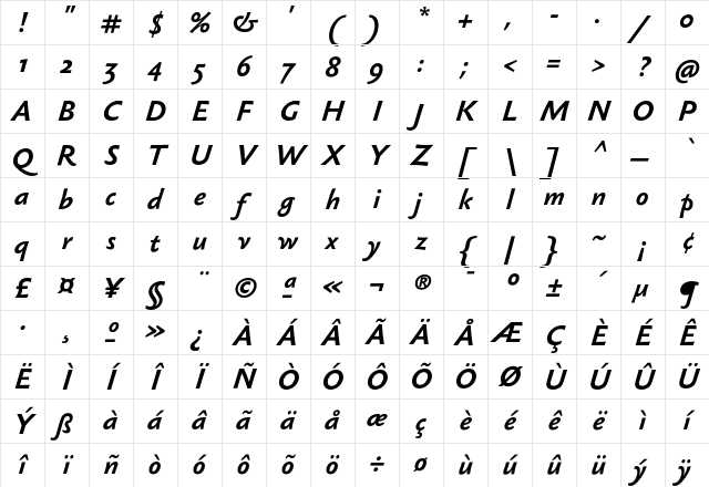 Sebastian Text Bold Italic Character Map