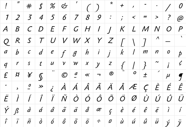 Sebastian Text UCF Italic Character Map