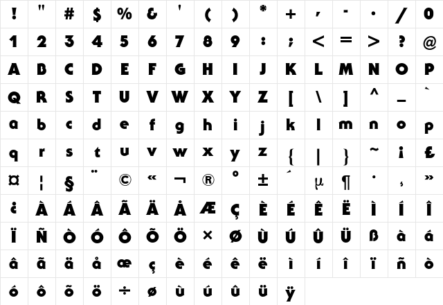 Serif Gothic BQ Regular Character Map