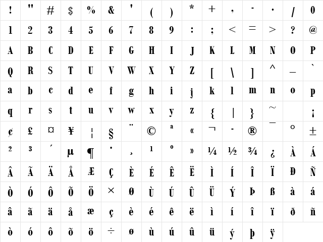 Bodoni MT Condensed Bold Character Map
