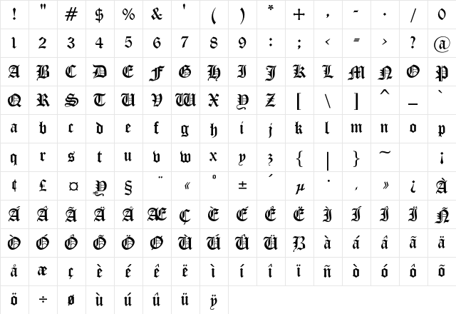 Sherwood Regular Character Map