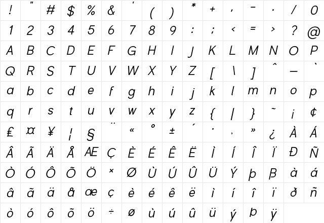 Shine Pro Regular Oblique Character Map Shine Pro Regular Oblique Character Map