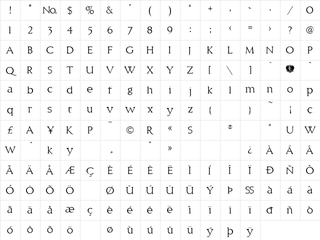 LHF Classic Roman Regular Character Map
