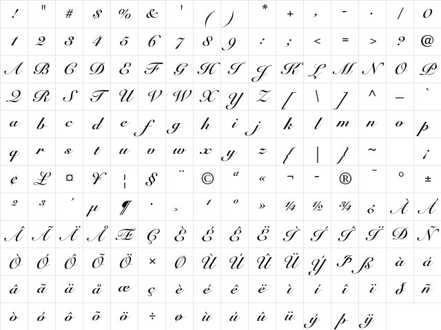 Snell Roundhand LT Std Bold Script Character Map
