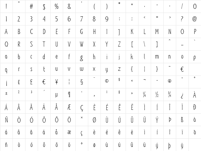 Artane Elongated BT Regular Character Map