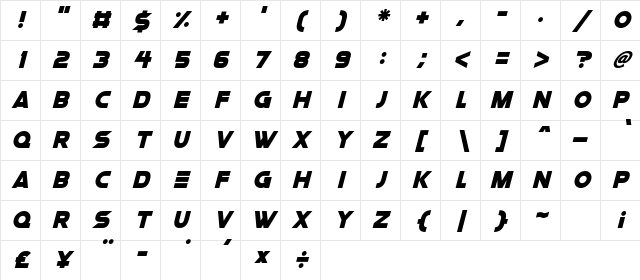 Space Quest Italic Character Map