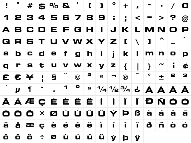 Square 721 Bold Extended Character Map