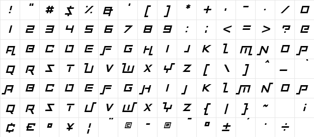 Squaremaze Italic Character Map