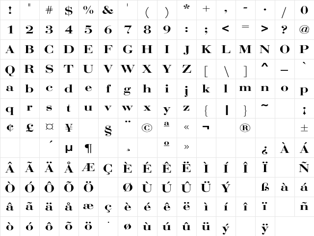 Bodoni Wide Regular Character Map
