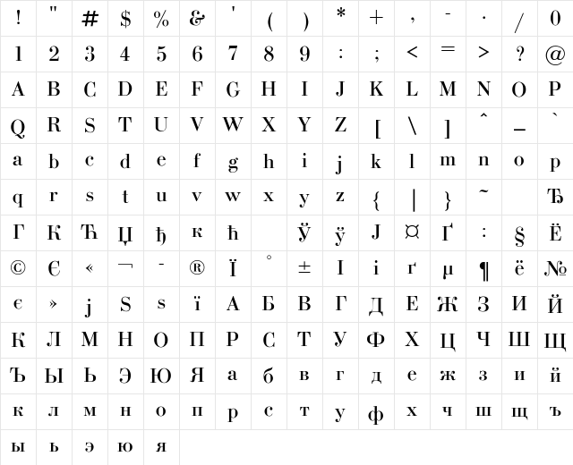 Bodoni Regular Character Map Bodoni Regular Character Map