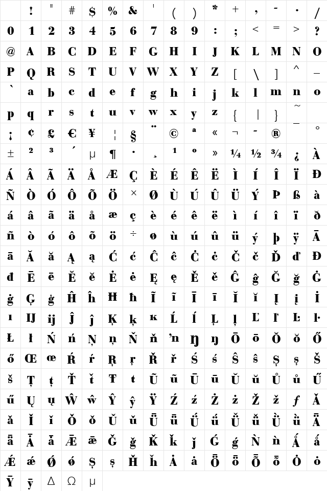 Bodoni-CE-Bold Regular Character Map Bodoni-CE-Bold Regular Character Map