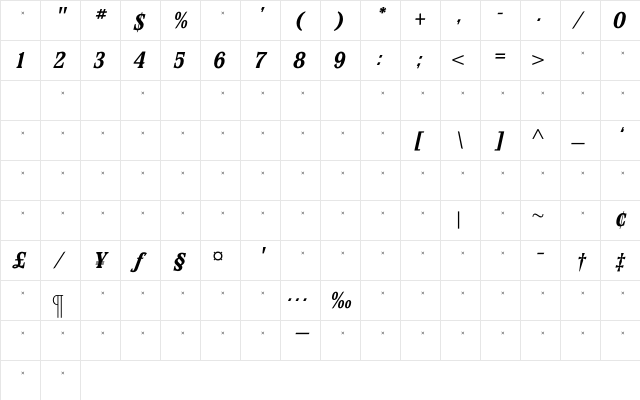 StirlingBoldItalicTab Regular Character Map