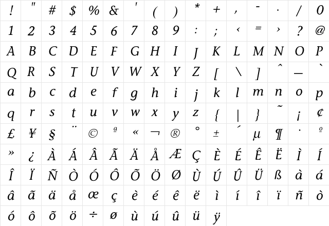 Stone InfMediumItalic Character Map