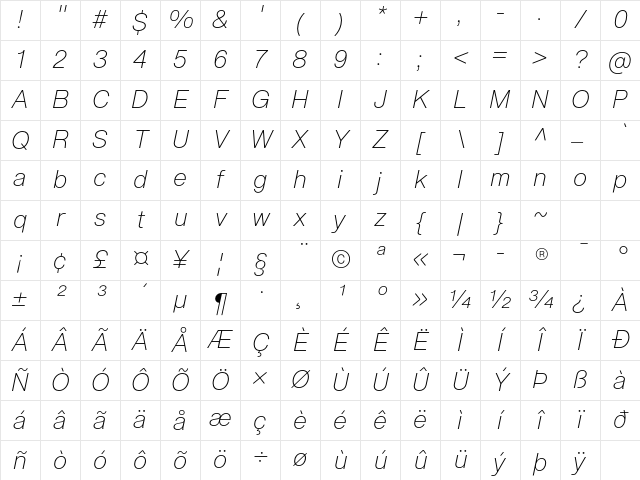 Sublima ExtraLight Italic Character Map