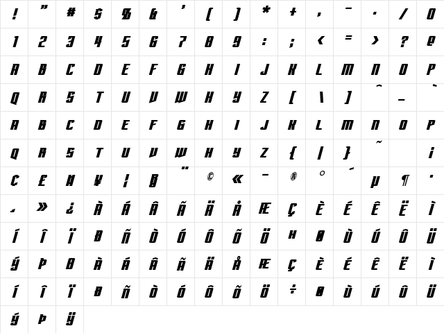 Subspace Bold Italic Character Map