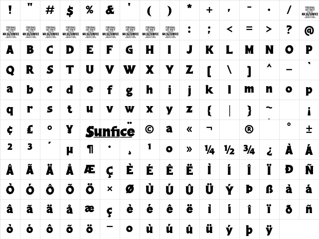 Sunfice PERSONAL USE ONLY Regular Character Map