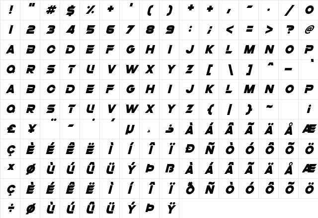 Super Sliced Italic Character Map