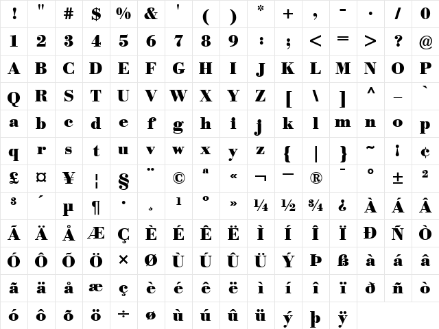 BodoniBE Bold Character Map