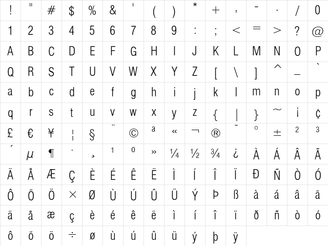 Swiss 721 Light Condensed Character Map