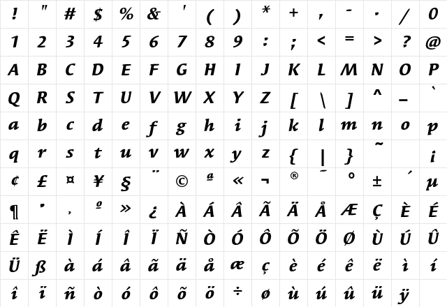 SyndorEF-BoldItalic Regular Character Map