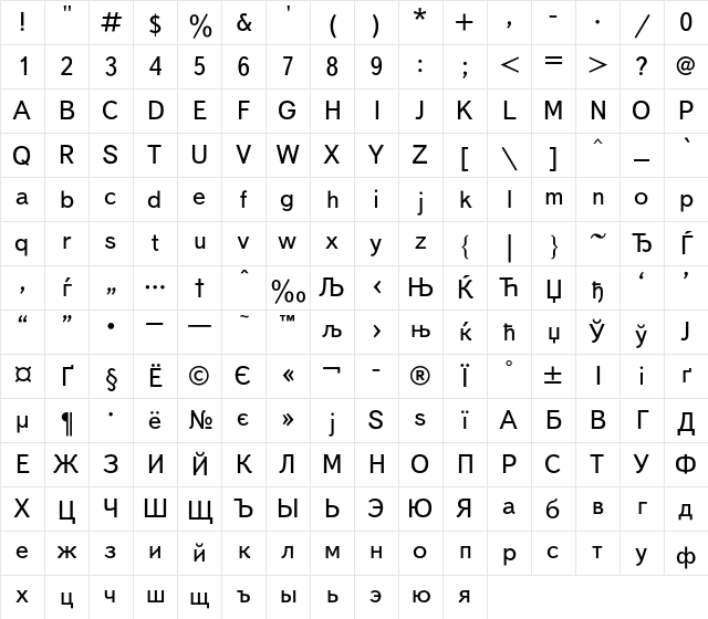 TextBookC Regular Character Map
