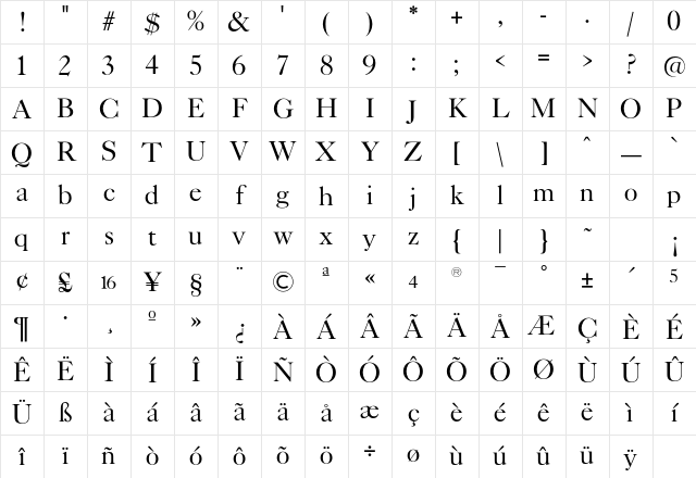 TFCaslonTen Light Character Map