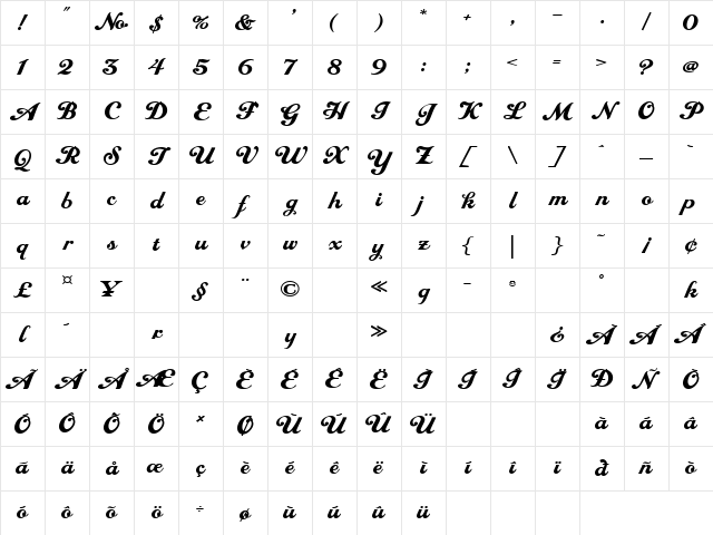 LHF Royal Script Extended Regular Character Map