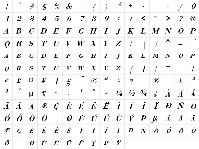 BodoniExpert Bold-Italic Character Map