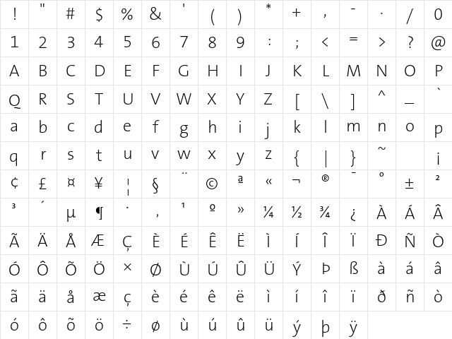 TheSans B2 ExtraLight Character Map