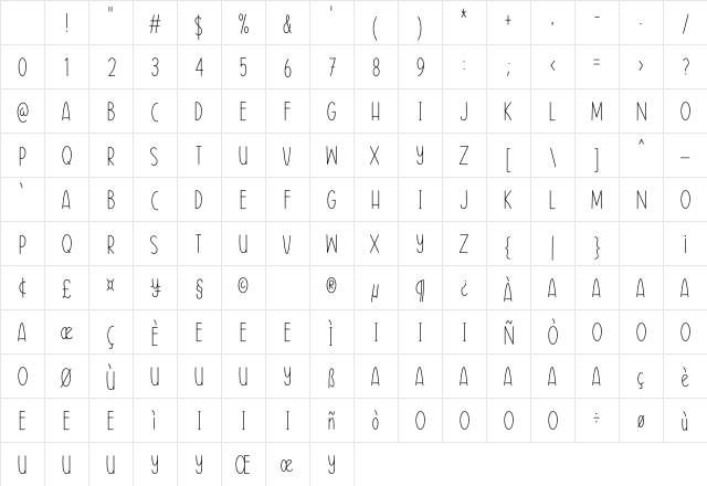 Thin Letters Regular Character Map