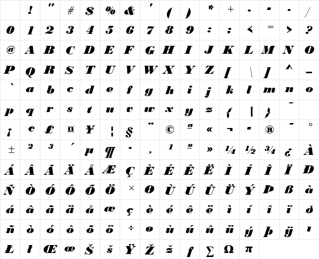 BodoniH Bold Italic Character Map BodoniH Bold Italic Character Map