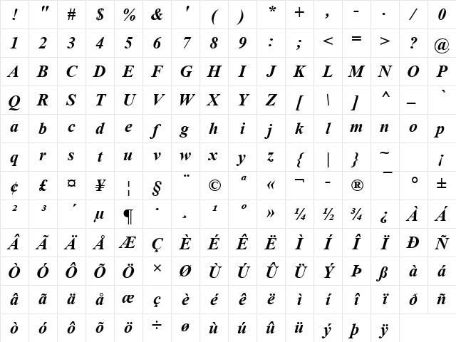 Times New Roman Bold Italic Character Map