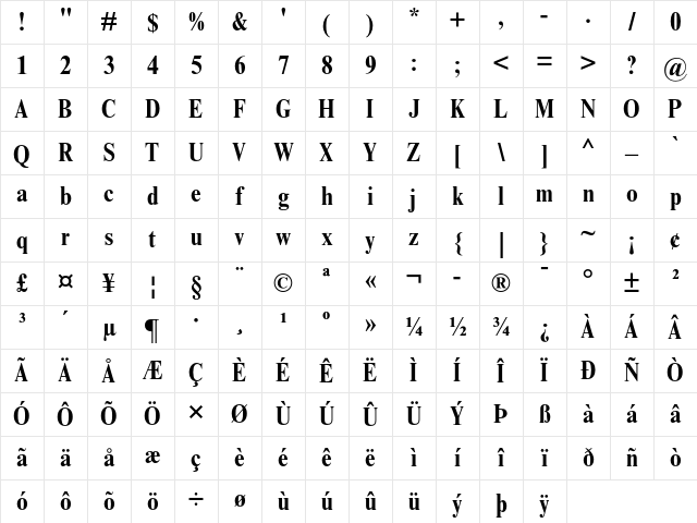 Times New Roman MT Bold Condensed Character Map