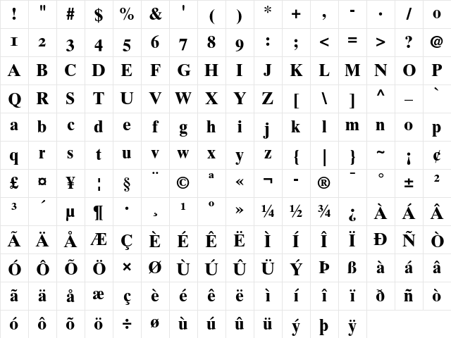 Times Ten Bold OsF Character Map Times Ten Bold OsF Character Map