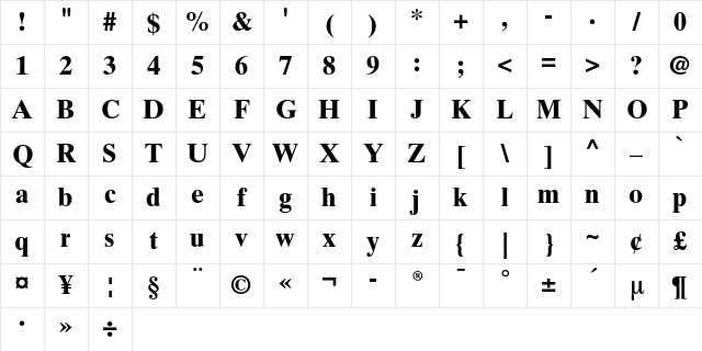 Times Ten Cyrillic Bold Character Map Times Ten Cyrillic Bold Character Map