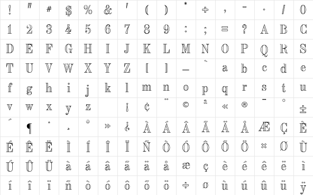 Torino CG Outline Regular Character Map