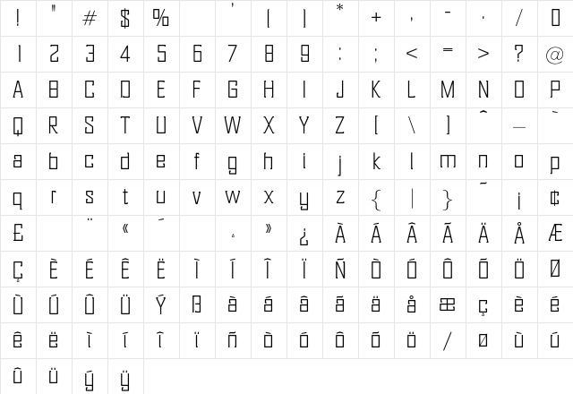Toshiko ExtraLight Character Map