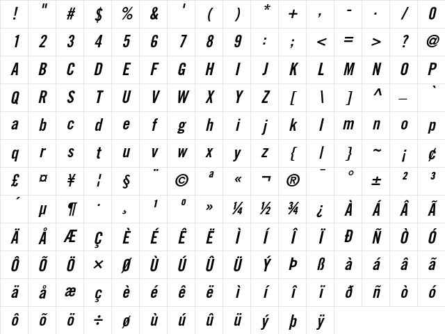 TradeGothic Regular Character Map