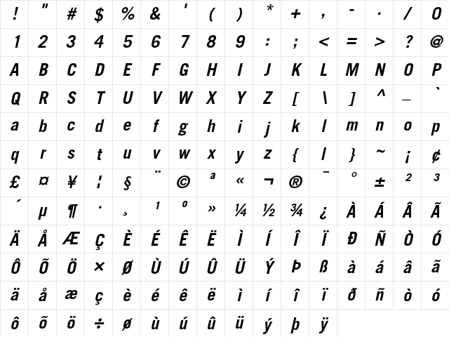 TradeGothic Regular Character Map TradeGothic Regular Character Map
