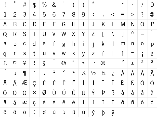 TradeGothic Regular Character Map
