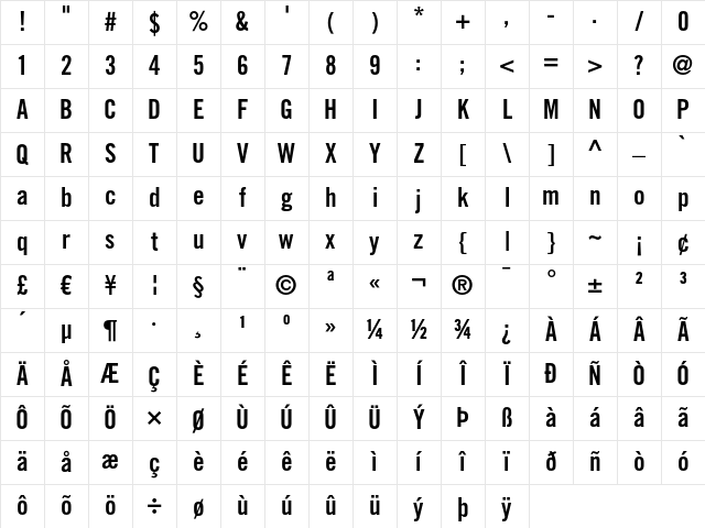 Trade Gothic LT Bold Condensed No. 20 Character Map