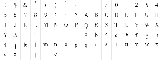 BodoniOpen Normal Character Map