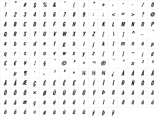Trade Gothic LT Bold Condensed No. 20 Oblique Character Map
