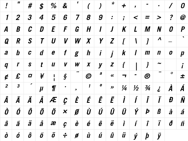 Trade Gothic LT Std Bold Oblique Character Map