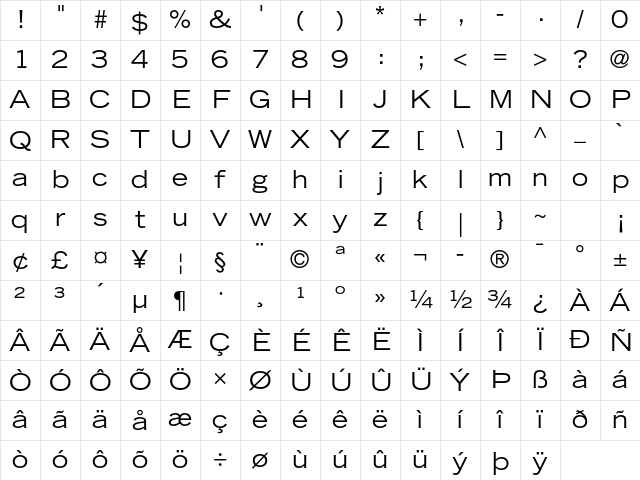 Trade Gothic LT Std Extended Character Map