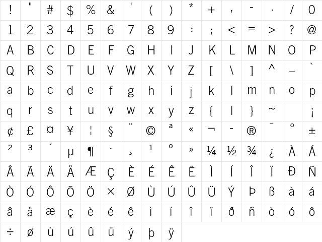 Trade Gothic LT Std Light Character Map