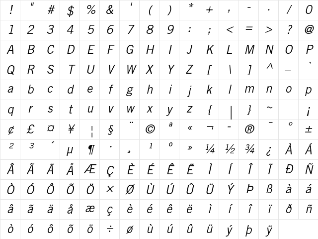 Trade Gothic LT Std Oblique Character Map